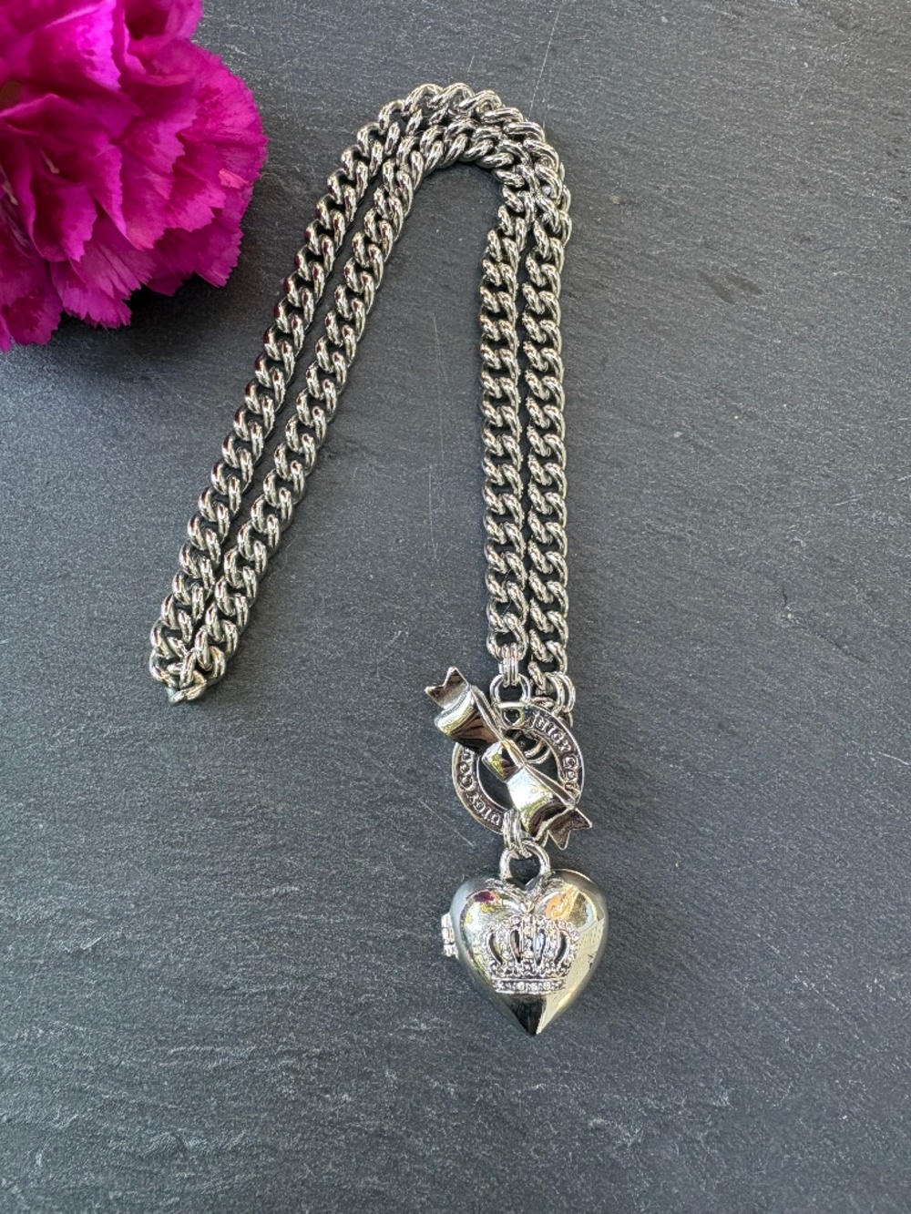 Vintage Juicy Couture Silver Crown Heart Locket Necklace Bow Toggle Curb Chain